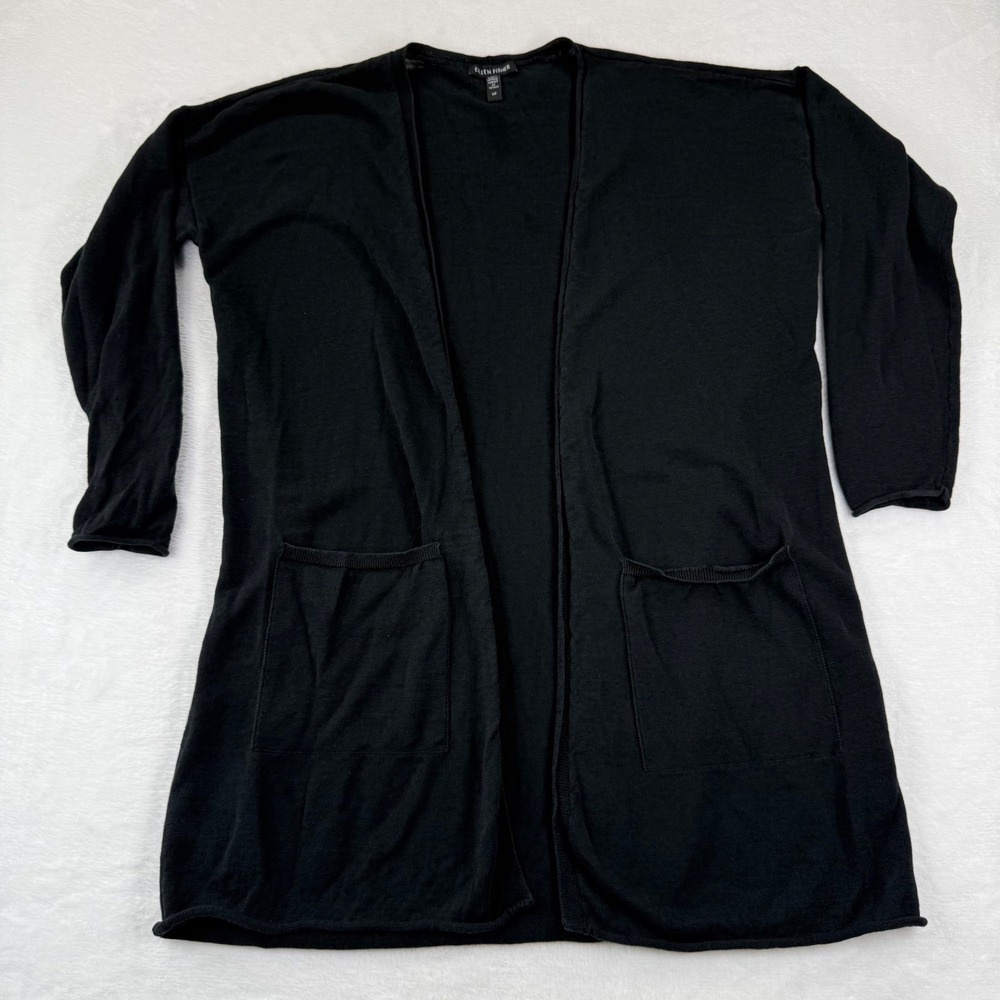 Eileen‎ Fisher Womens Black Organic Linen Cotton Open Front Pocket Cardigan S/P